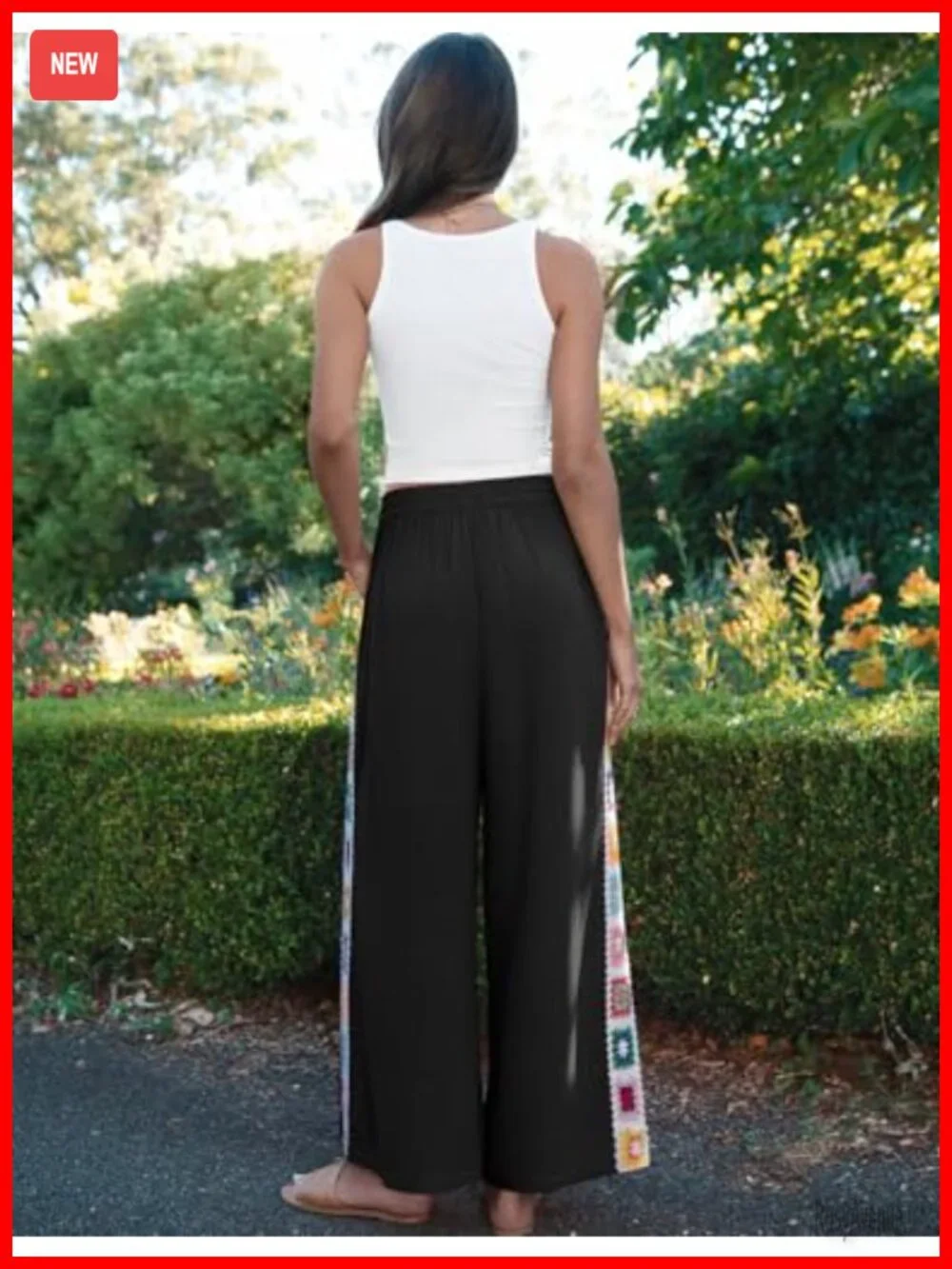 Wide Leg Linen Pants Casual Drawstring Lounge Palazzo Crochet Panel Pocket